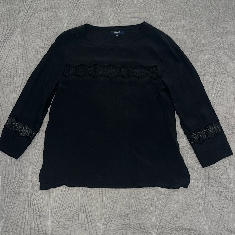 🖤Madewell Silk Blouse🖤 Elegant Black Lace Trim Women's long sleeve blouse size M